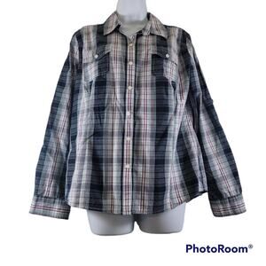 Tommy Hilfiger Blue/Plum Plaid Long Sleeve Button Up Top Size Large